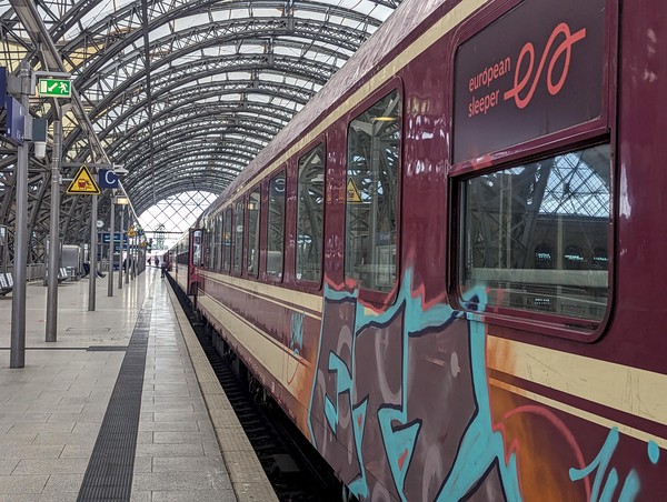 Stretching our legs at Dresden Hauptbahnhof