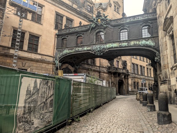 The pictures on this building hoarding showed the same street after WW2 as a pile of rubble.  Shocking to think this was done by British bombers.