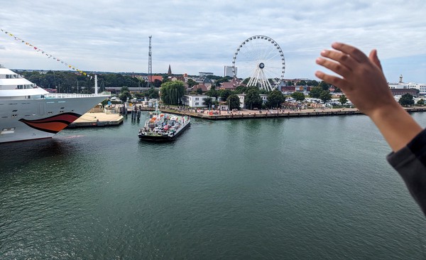 Looking down on the quayside and the little ferry we'd been in earlier to cross the river